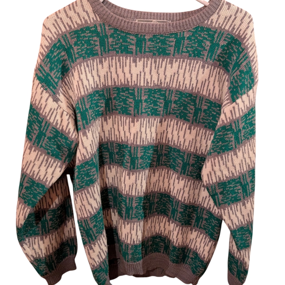 2/22 $ Vintage Avocado Green and Cream Striped Sweater